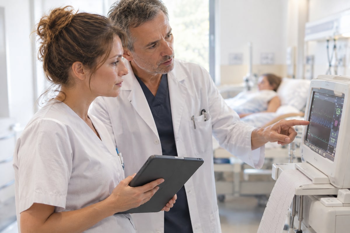 © Image générée avec ChatGPT pour eRCF A midwife and an obstetrician reviewing a clinical file on a tablet in the delivery room