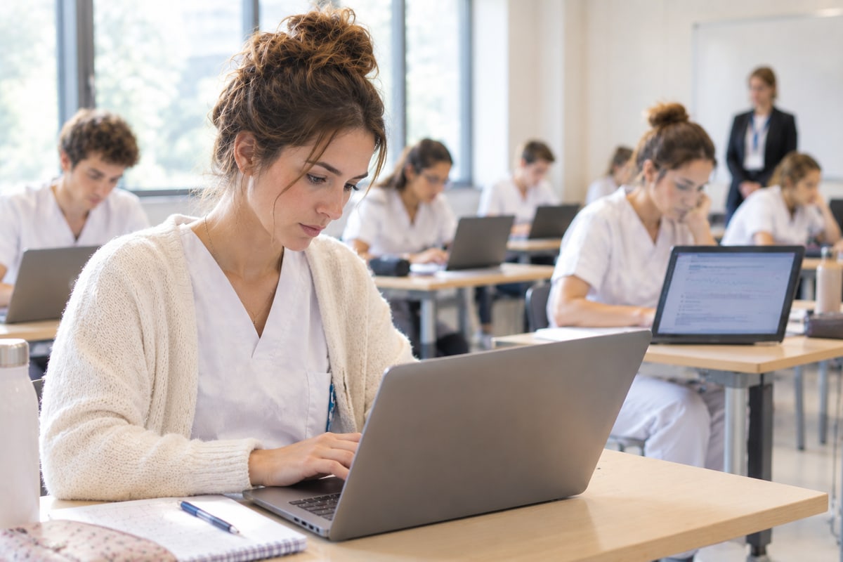 © Image générée avec ChatGPT pour eRCF Students taking an exam on laptops