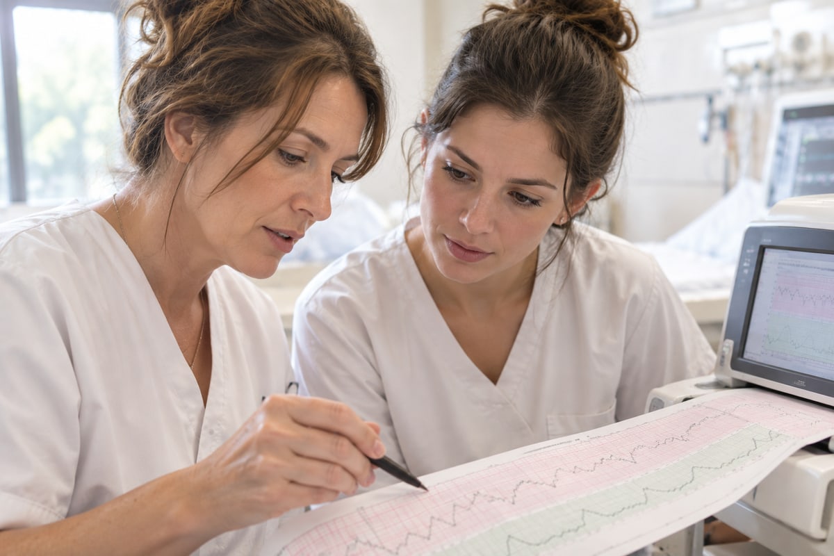 © Image générée avec ChatGPT pour eRCF Two midwives analysing a CTG trace on paper