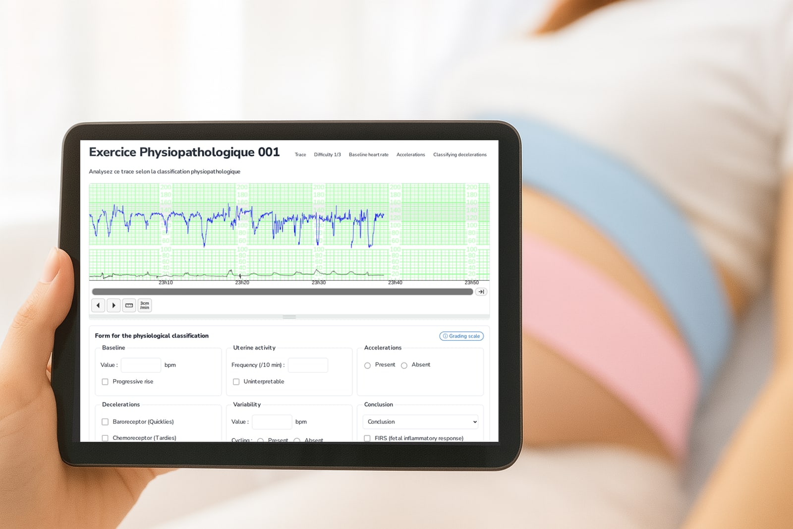 © Background: AIM-CTG communication deck, GHICL (licence to confirm); screen: eRCF Tablet held in front of the belly of a pregnant woman wearing CTG belts, showing an eRCF trace analysis exercise
