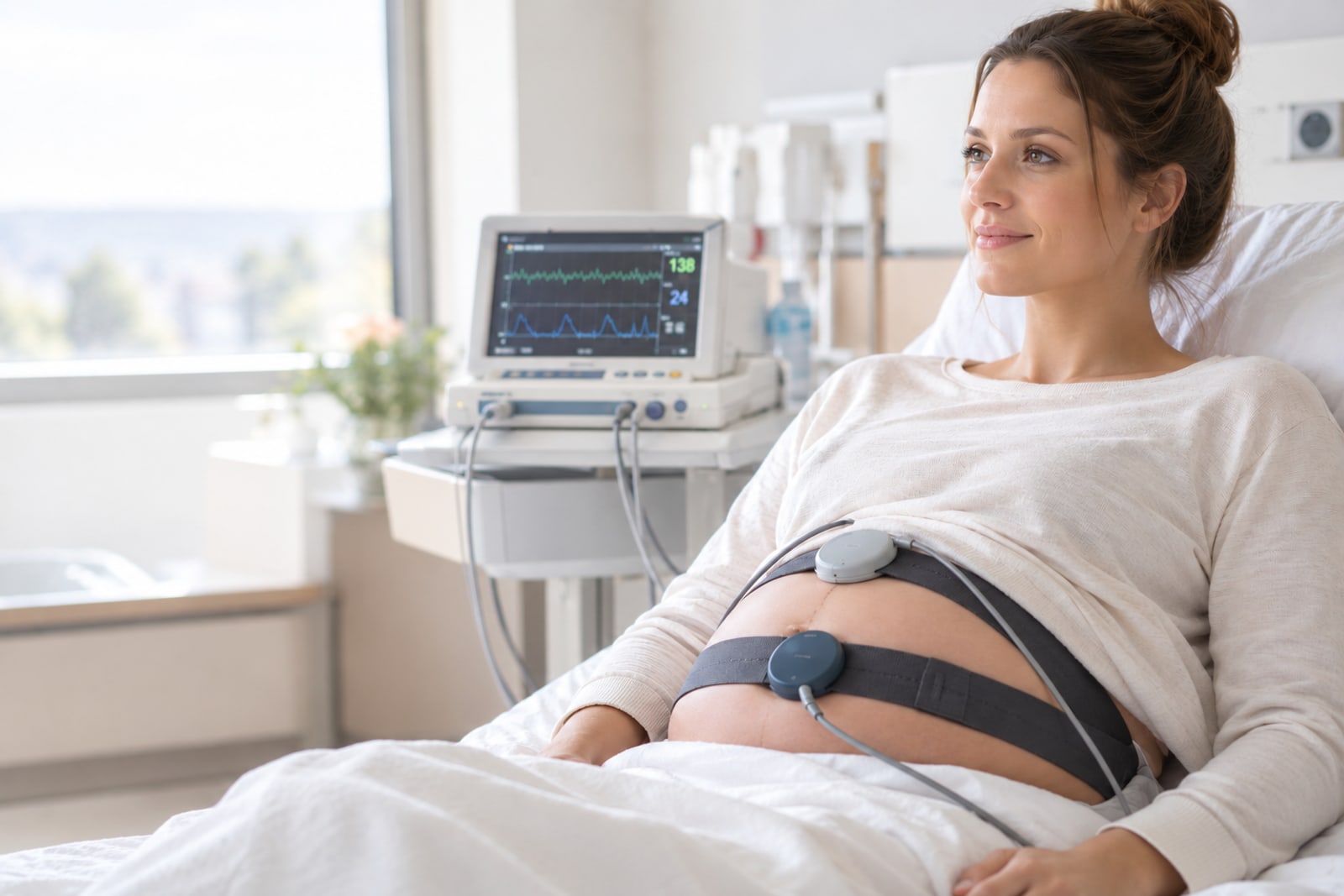 © Image générée avec ChatGPT pour eRCF Pregnant woman in a maternity room wearing the two CTG belts, the fetal monitor beside her